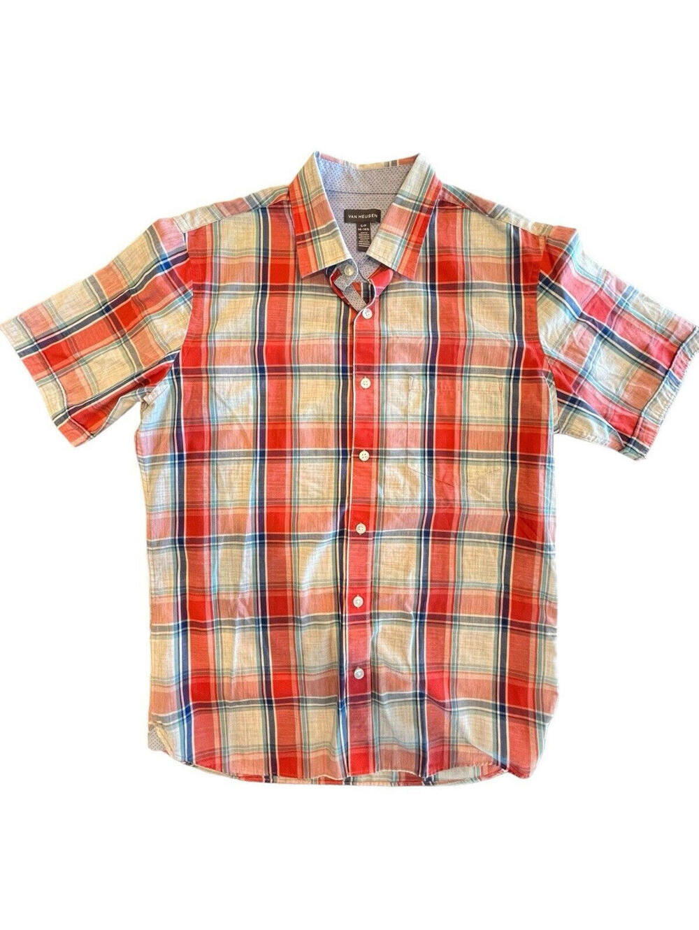 Van Heusen short-sleeve shirt Salmon white blue plaid cotton Sz S 14-14 1/2